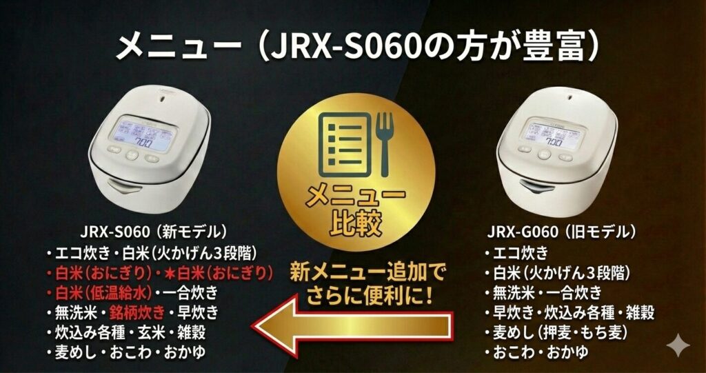JRX-S060とJRX-G060の違いを比較！どちらがおすすめ？タイガー魔法瓶炊飯器について解説_メニュー01