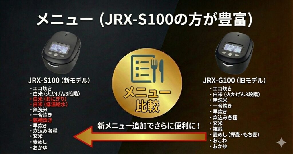 JRX-S100とJRX-G100の違いを比較！どちらがおすすめ？タイガー魔法瓶炊飯器について解説_メニュー01