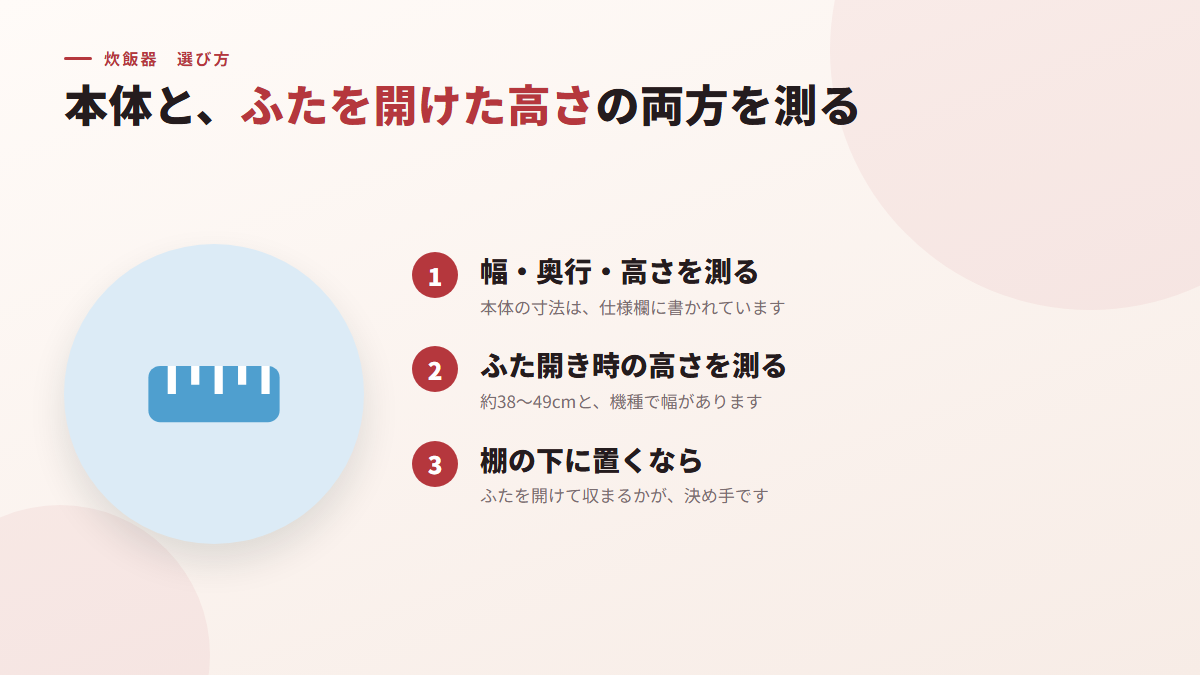 設置寸法は、本体と、ふたを開けた高さの両方を測る(図)