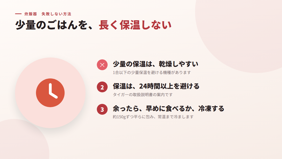 少量のごはんを、長く保温しない(図)