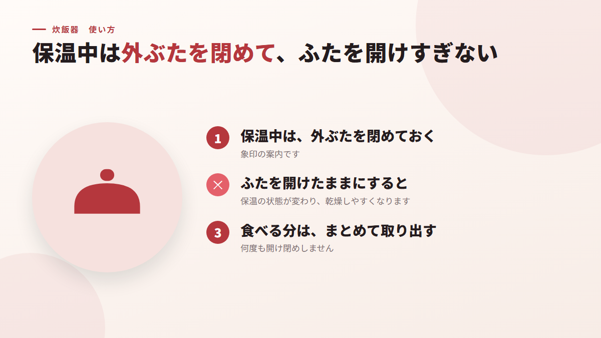 保温中は、外ぶたを閉めて、ふたを開けすぎない（図）
