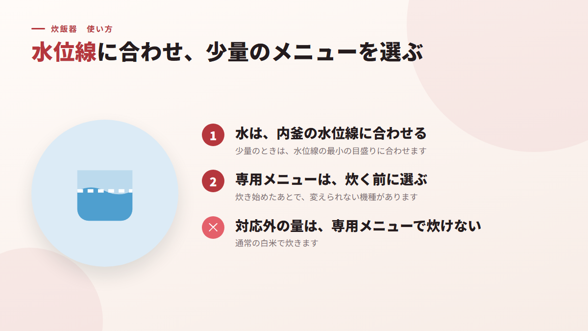 水位線に合わせ、少量のメニューを選んで炊く(図)