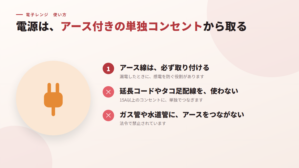 電源は、アース付きの単独のコンセントから取る(図)