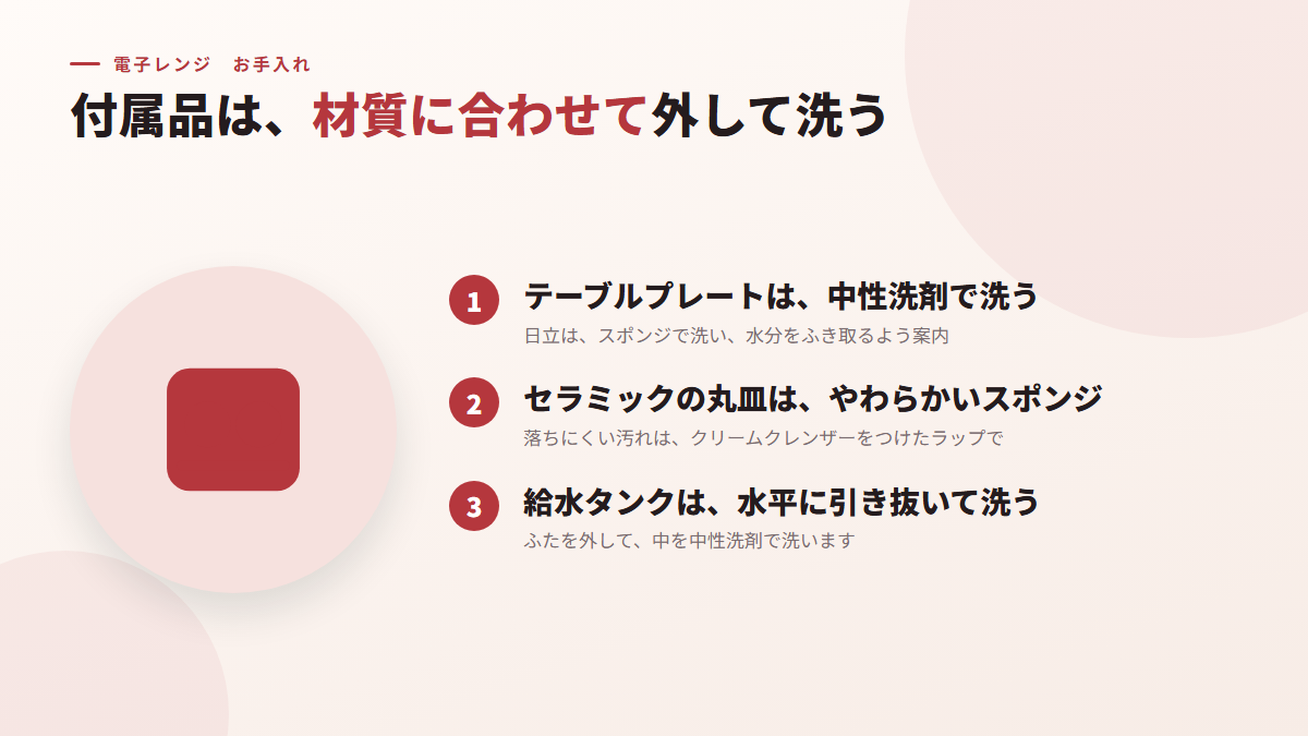 付属品は、材質に合わせて外して洗う(図)