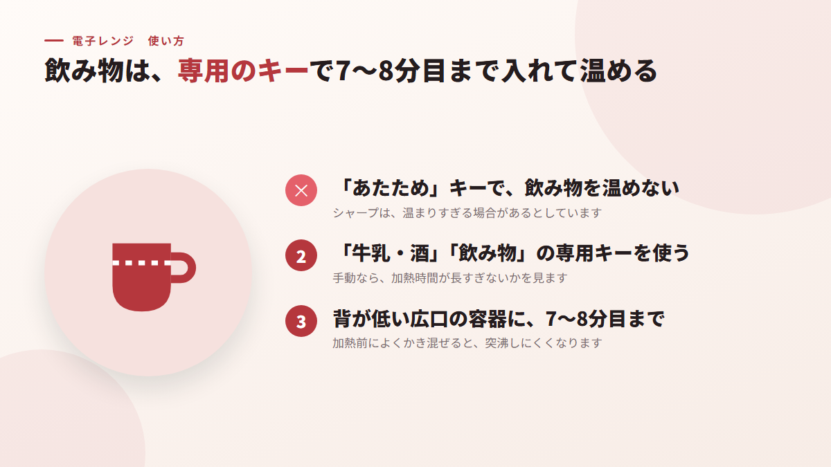 飲み物は、専用のキーで、容器の7〜8分目まで入れて温める(図)