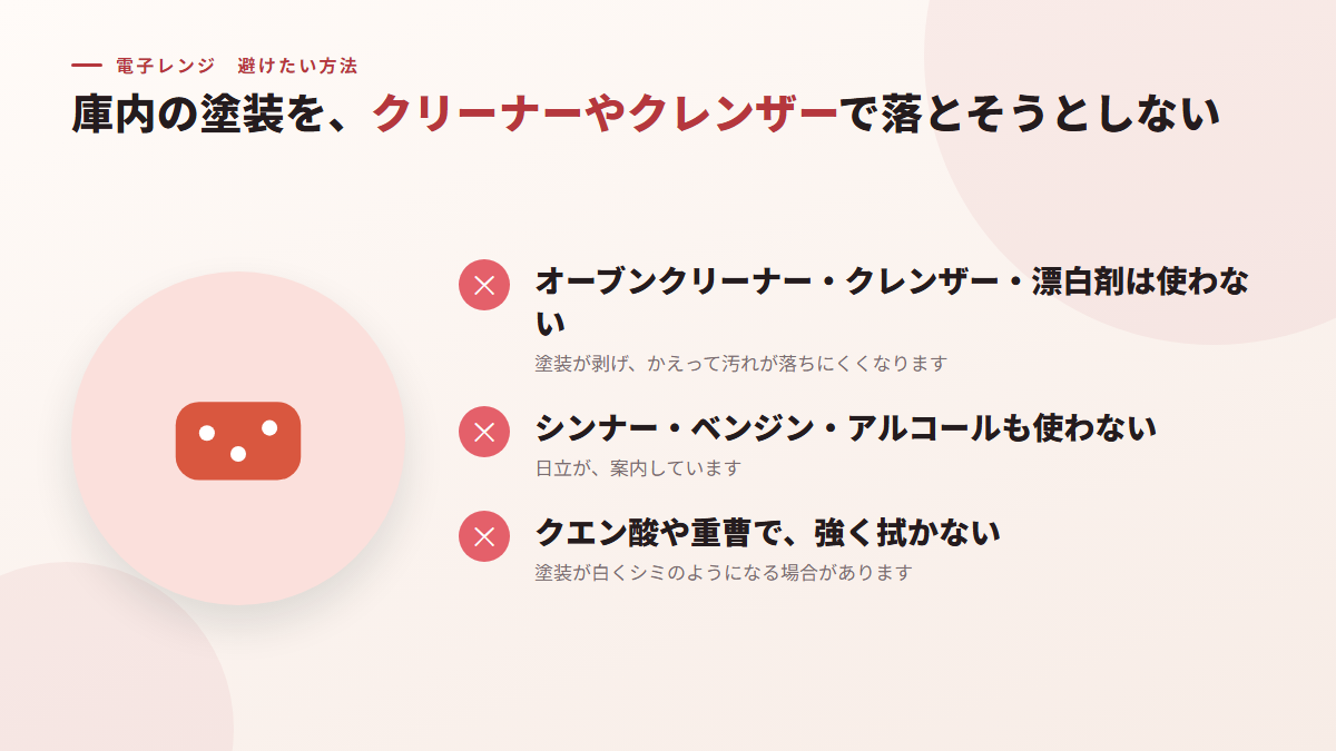 庫内の塗装を、オーブンクリーナーやクレンザーで落とそうとする(図)