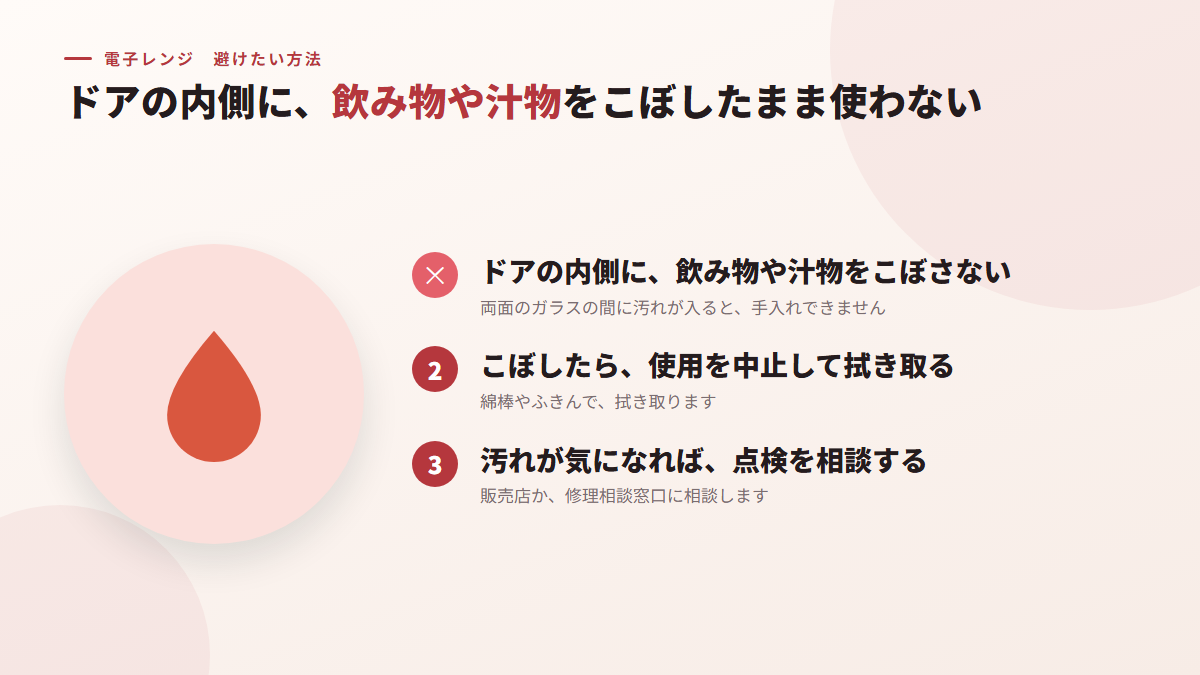 ドアの内側に、飲み物や汁物をこぼしたまま使う(図)
