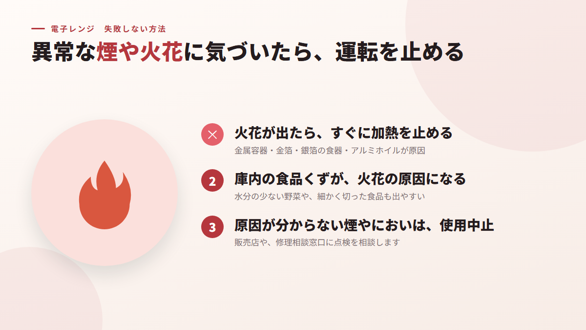 異常な煙や火花に気づいたら運転を止める(図)