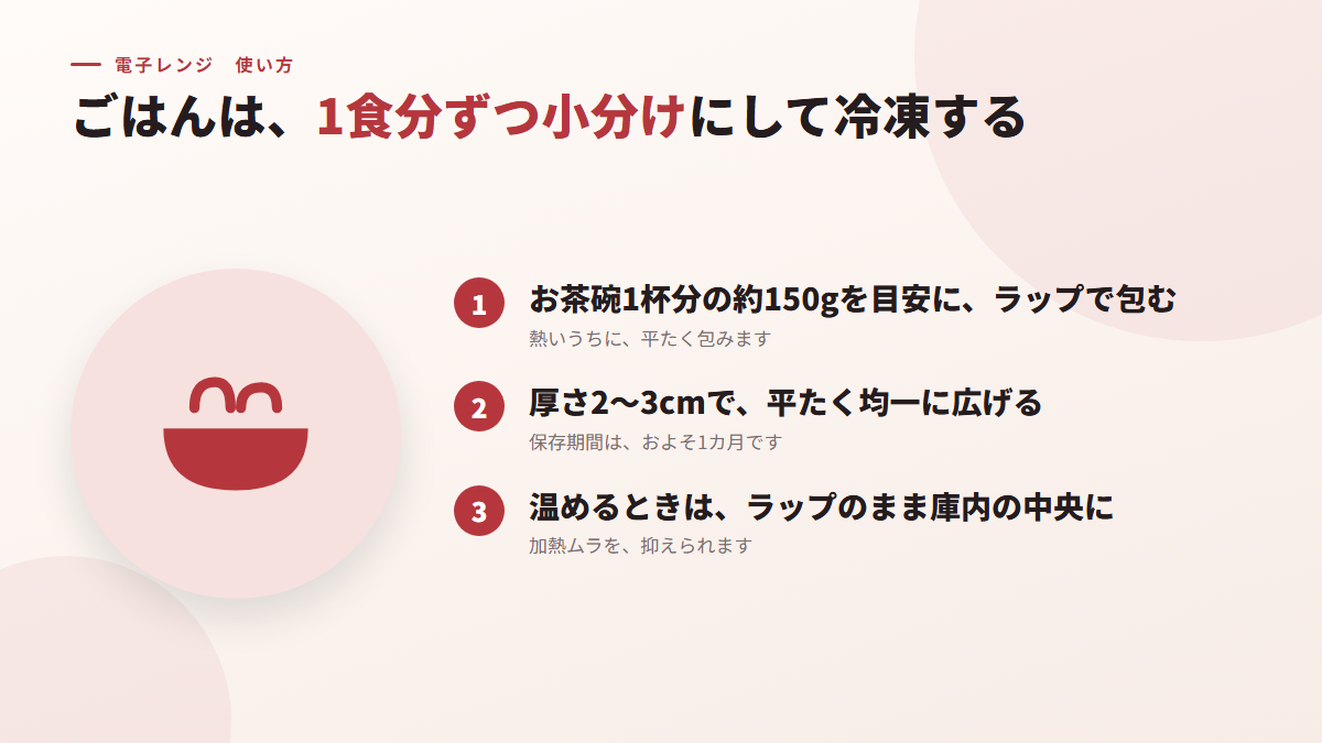 ごはんは、1食分ずつ小分けにして冷凍する(図)