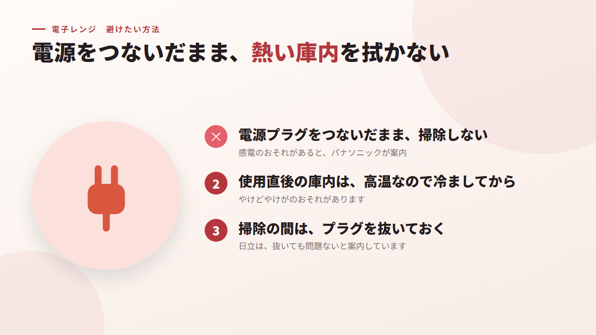 電源をつないだまま、熱い庫内を拭かない(図)
