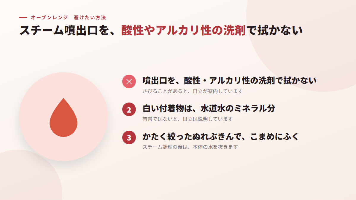 スチーム噴出口を、酸性やアルカリ性の洗剤で拭く（図）