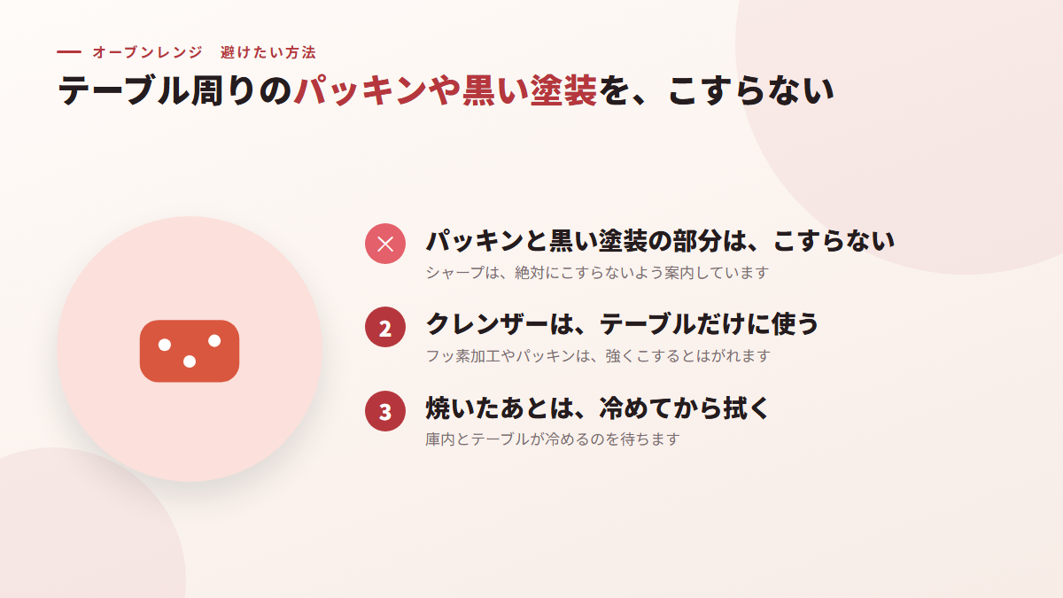 フラットテーブルの周りのパッキンや黒い塗装を、こする（図）