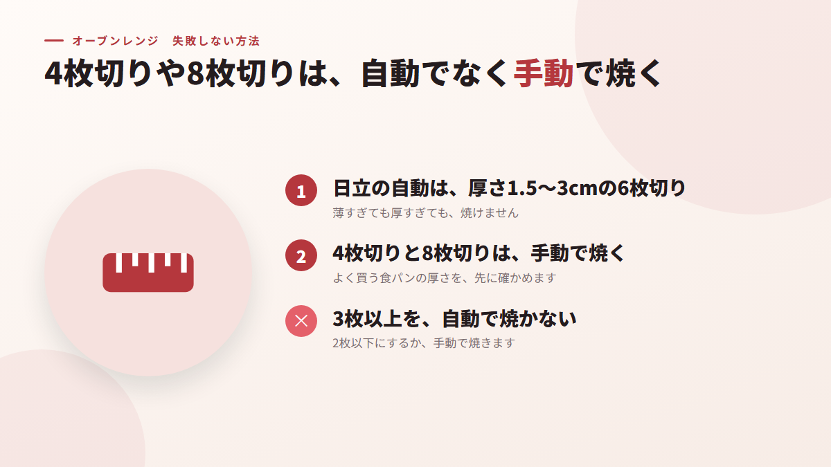 4枚切りや8枚切りは、自動ではなく手動で焼く(図)