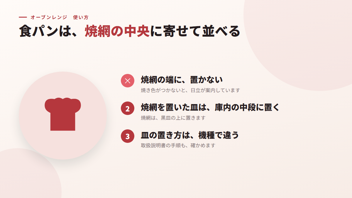 食パンは、焼網の中央に寄せて並べる(図)
