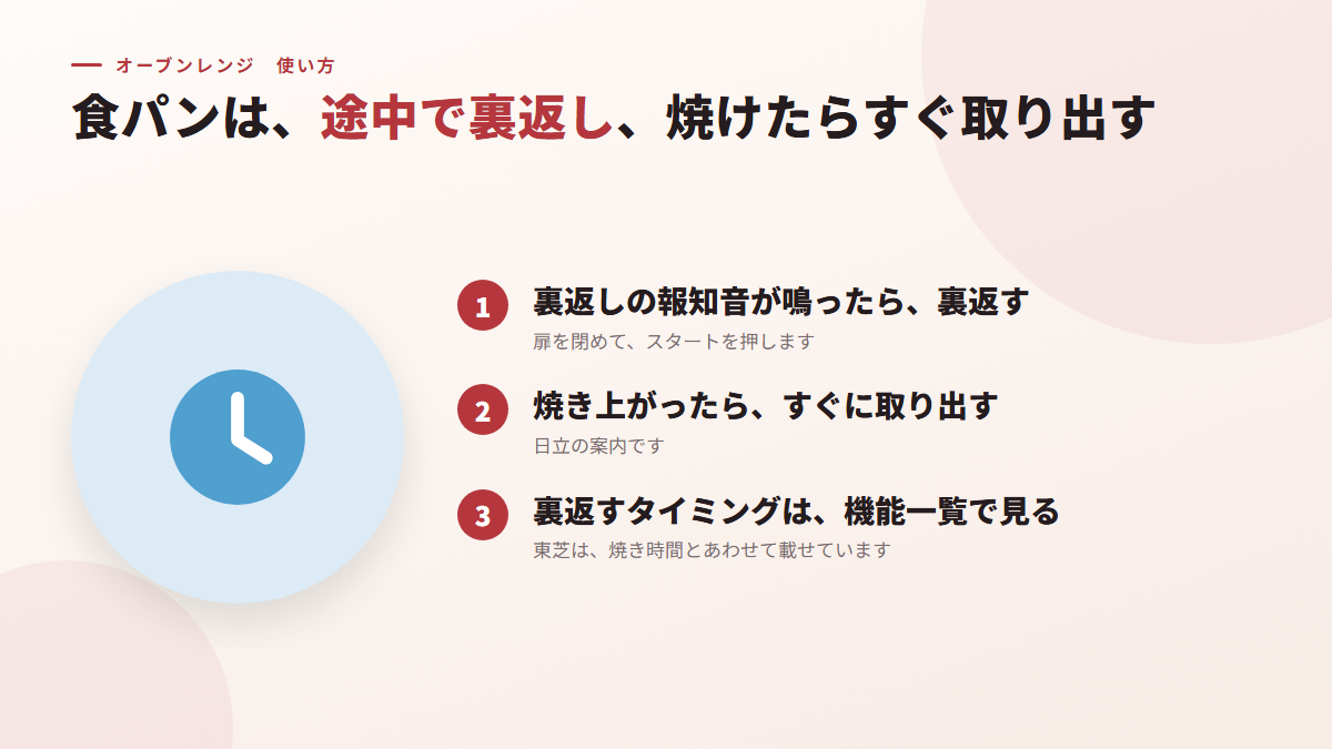 食パンは、途中で裏返し、焼けたらすぐ取り出す(図)