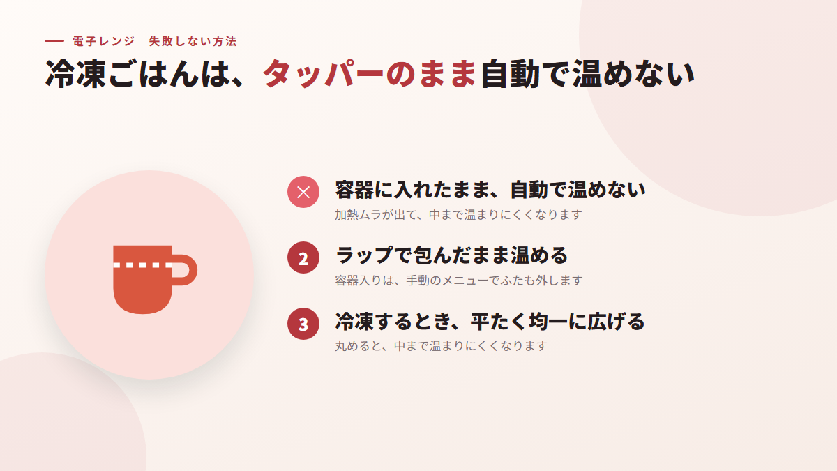 冷凍ごはんは、タッパーに入れたまま自動で温めない(図)