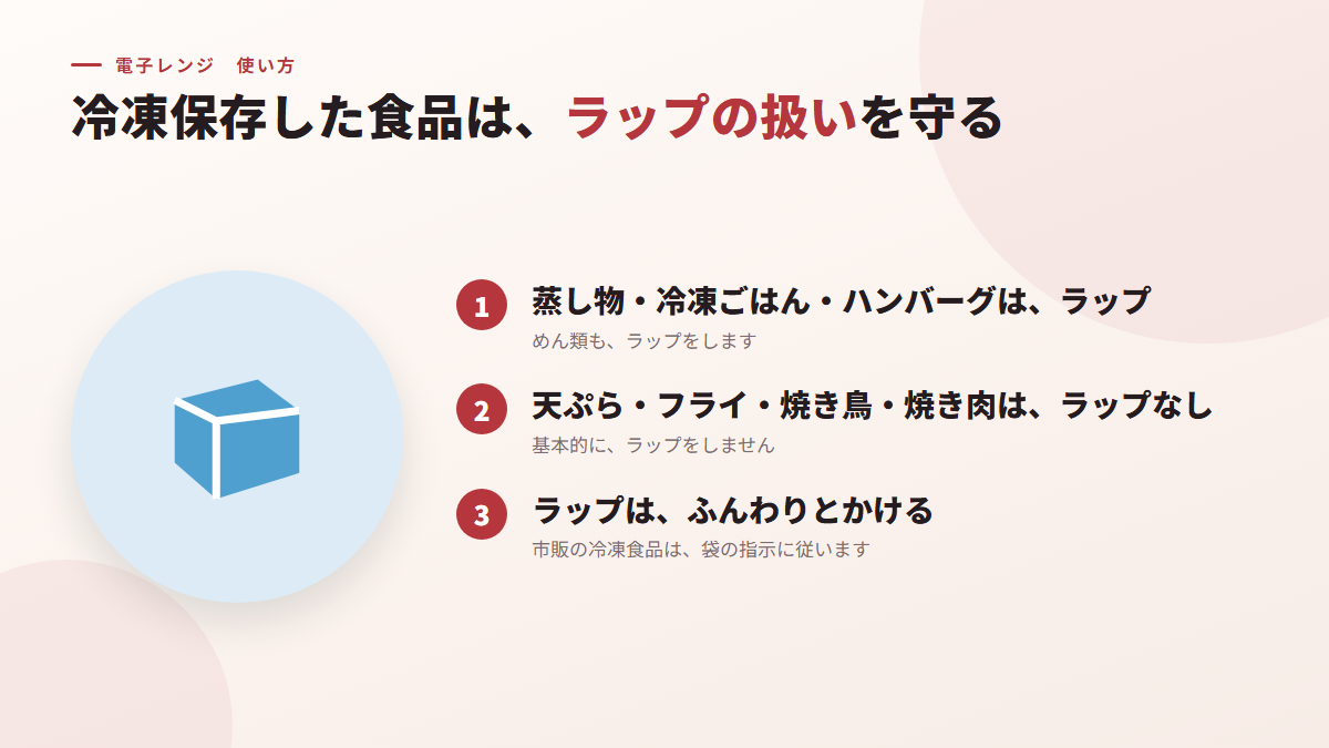 冷凍保存した食品は、ラップの扱いを守る(図)