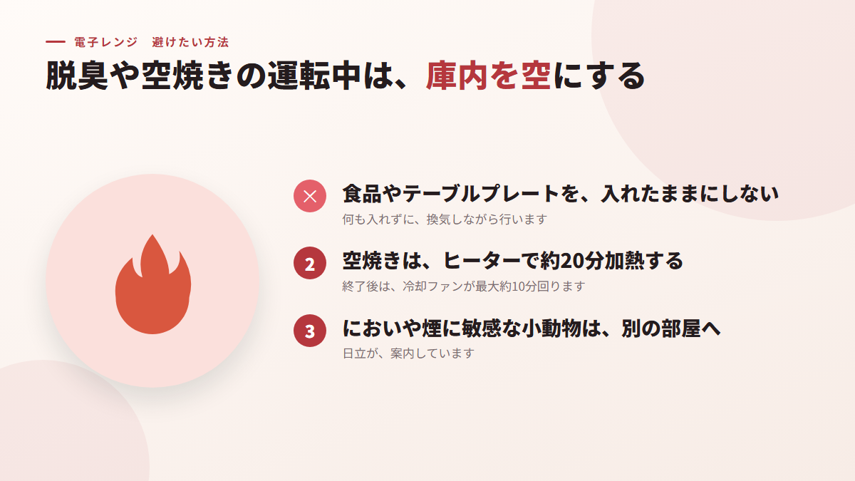 脱臭や空焼きの運転中に、庫内へ食品やテーブルプレートを入れたままにする(図)