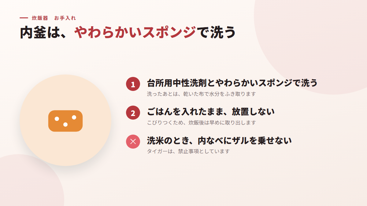 内釜は、使うたびに、やわらかいスポンジで洗う(図)