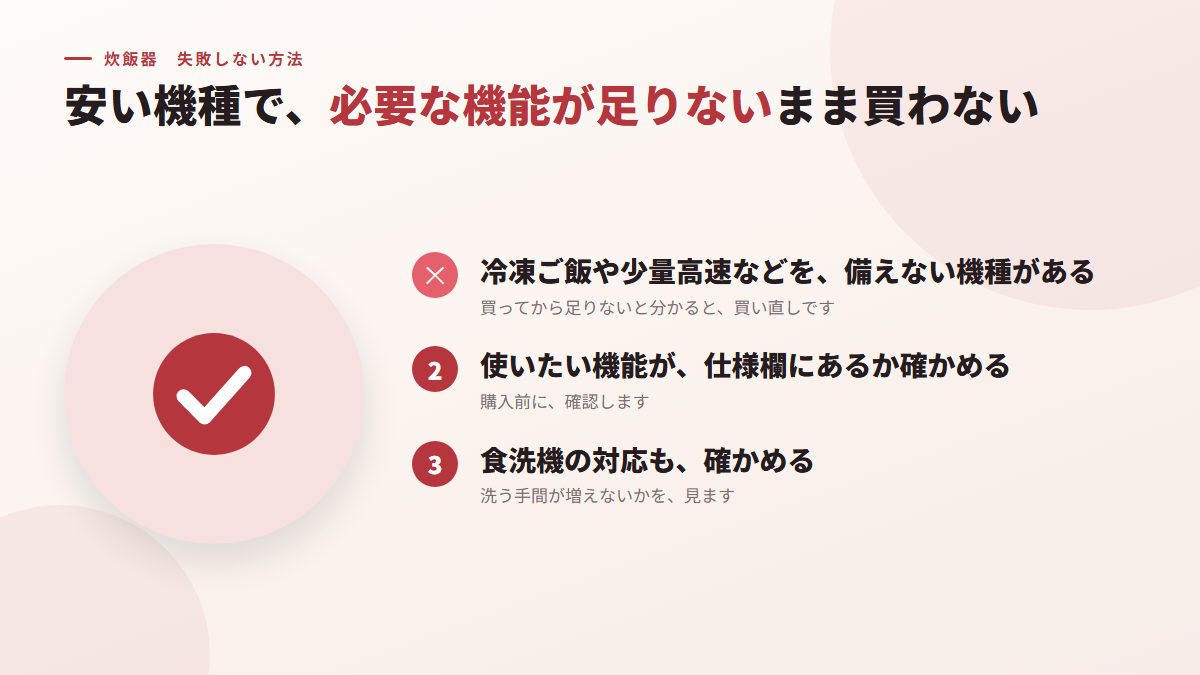 安い機種で、必要な機能が足りないまま買わない(図)