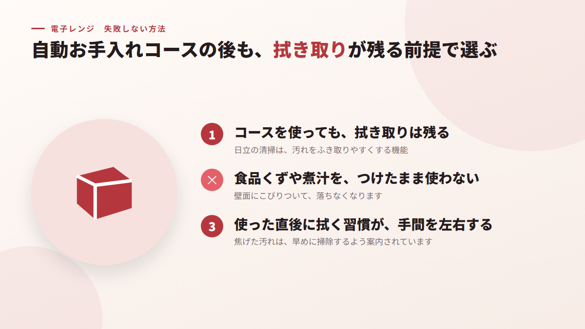 自動お手入れコースの後も、拭き取りが残る前提で選ぶ(図)