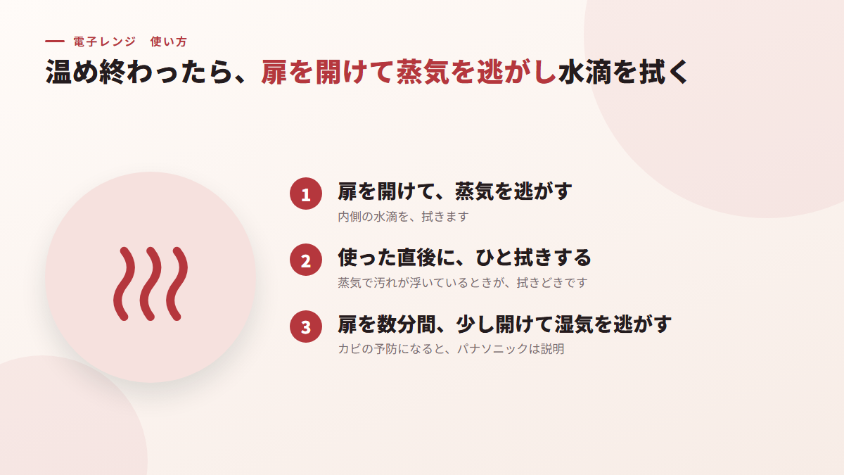 温め終わったら、扉を開けて蒸気を逃がし、水滴を拭く(図)