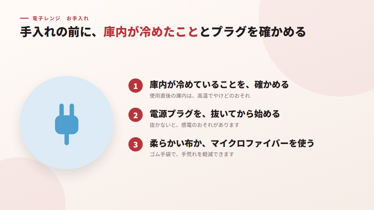 手入れの前に、庫内が冷めていることとプラグを抜いたことを確かめる(図)