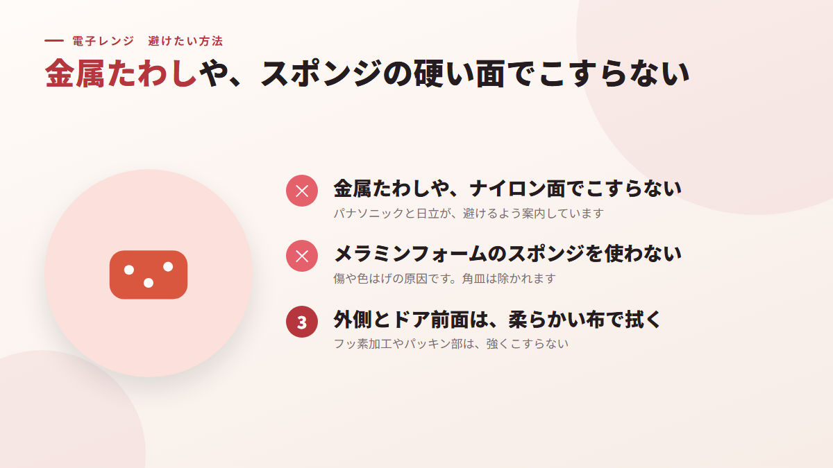 金属たわしや、スポンジ・たわしの硬い面でこする(図)