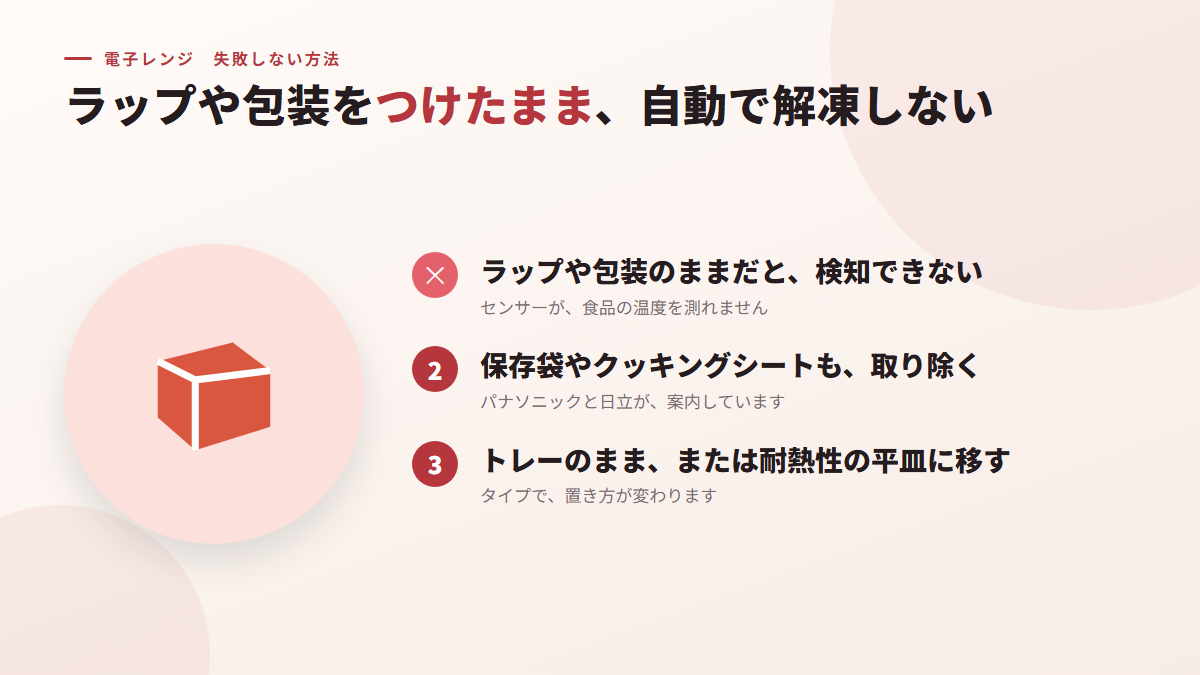 ラップや包装をつけたまま、自動で解凍しない(図)