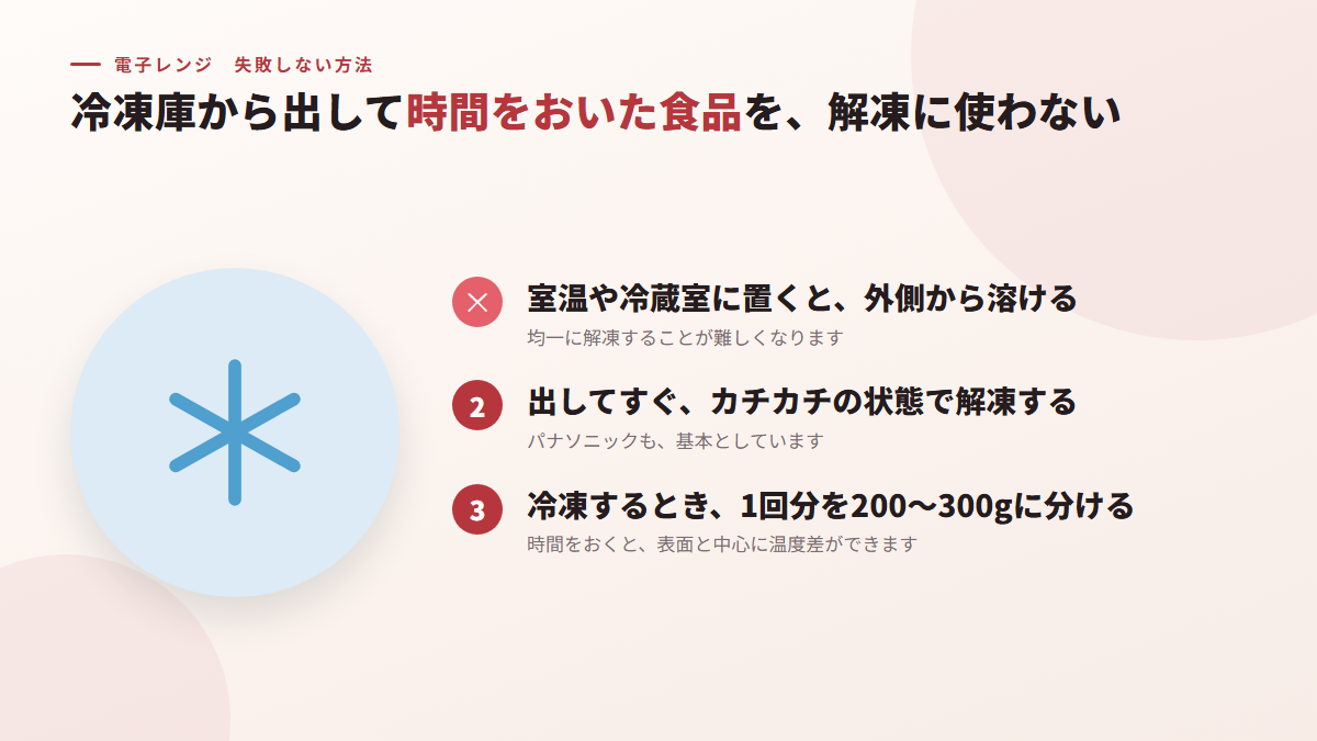 冷凍庫から出して時間をおいた食品を、解凍に使わない(図)