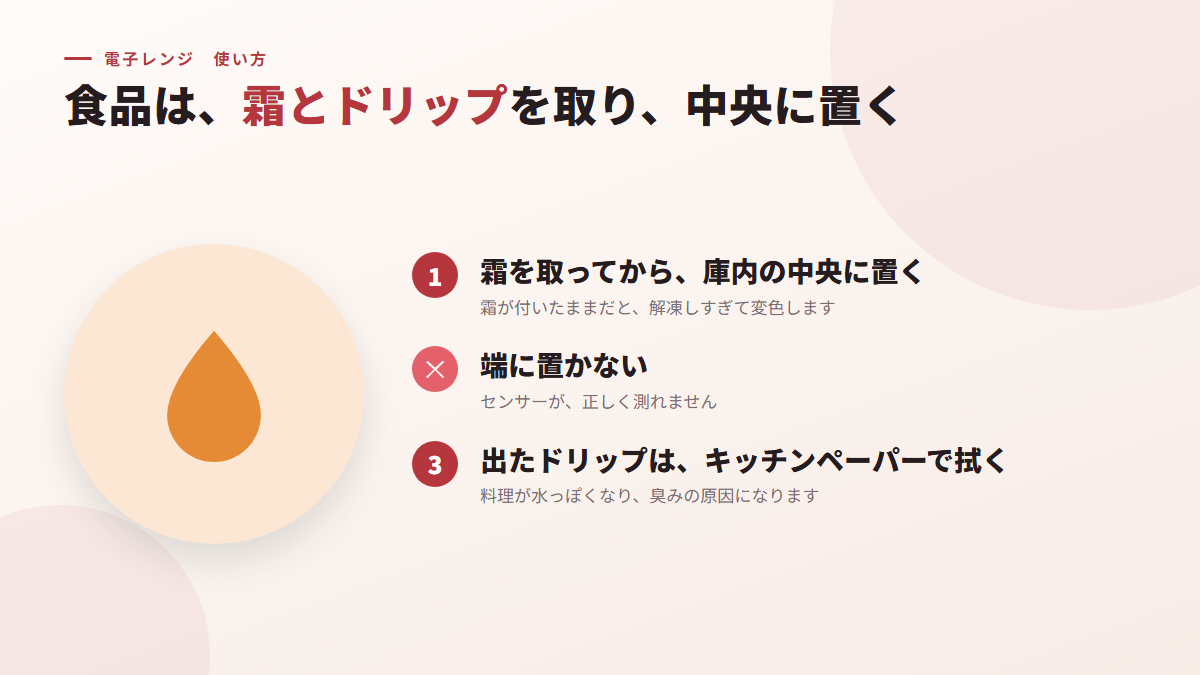 食品は、霜とドリップを取り、中央に置く(図)