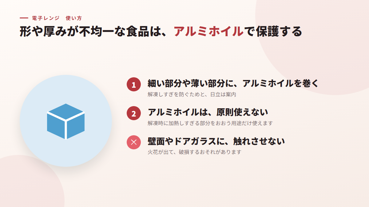 形や厚みが不均一な食品は、アルミホイルで保護する(図)