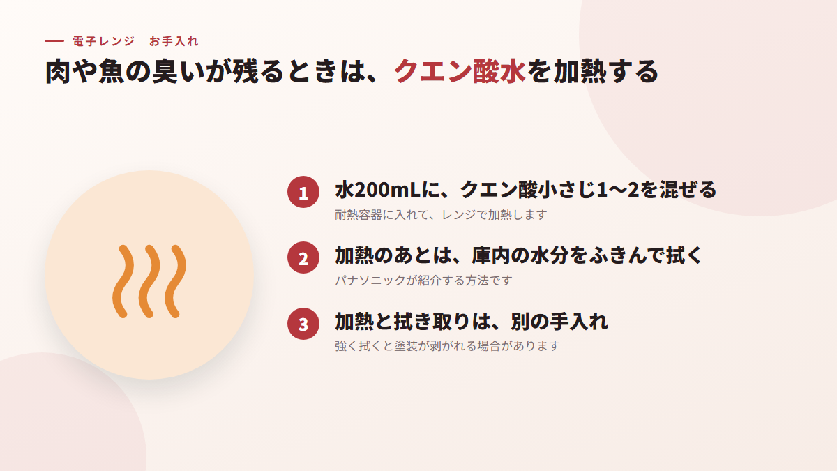 肉や魚の臭いが残るときは、クエン酸水を加熱する(図)