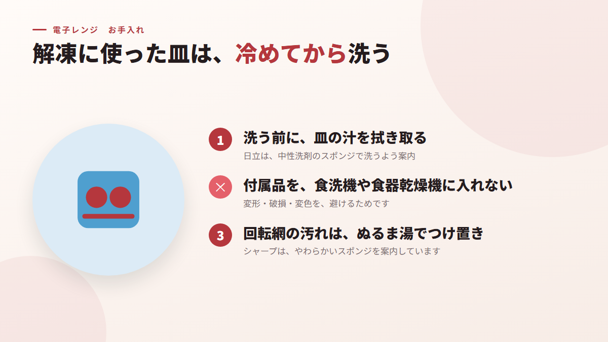 解凍に使った皿は、冷めてから洗う(図)