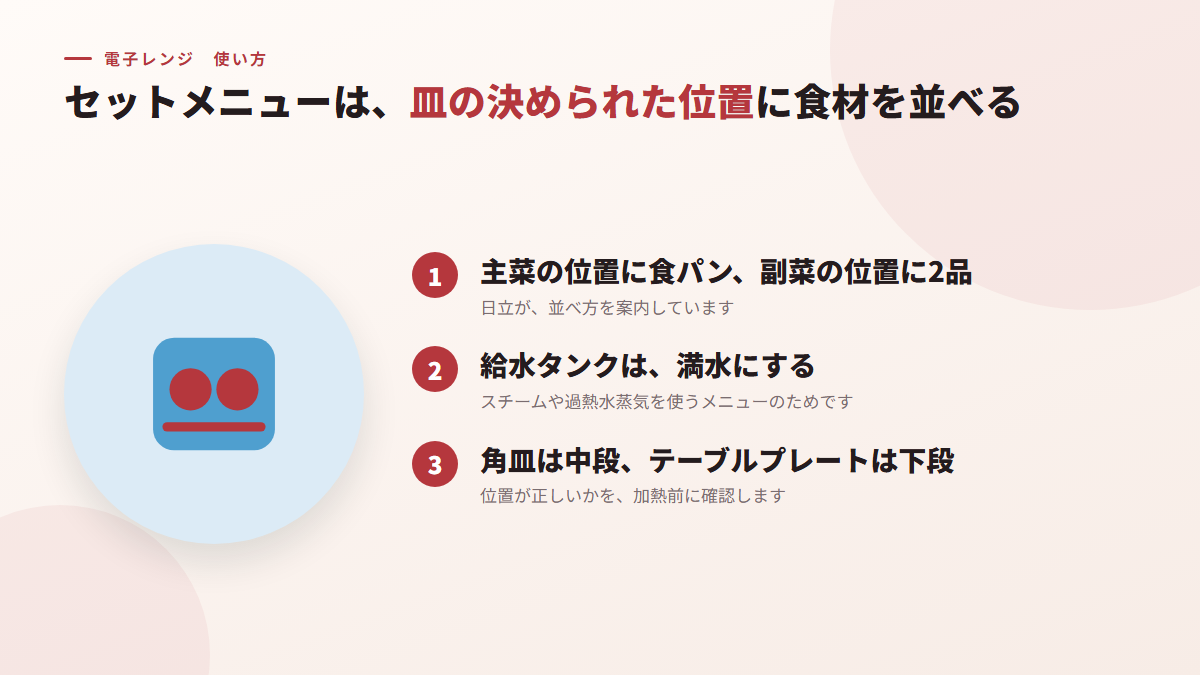 セットメニューは、皿の決められた位置に食材を並べる(図)