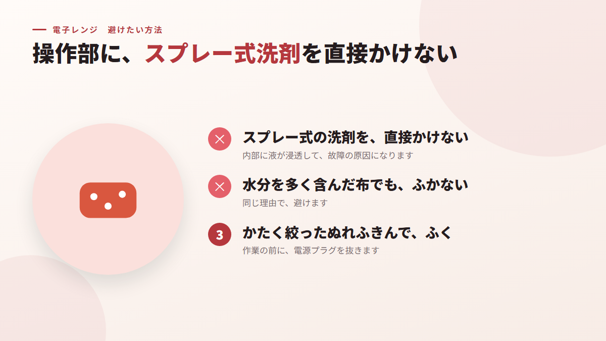 操作部に、スプレー式洗剤を直接かける(図)
