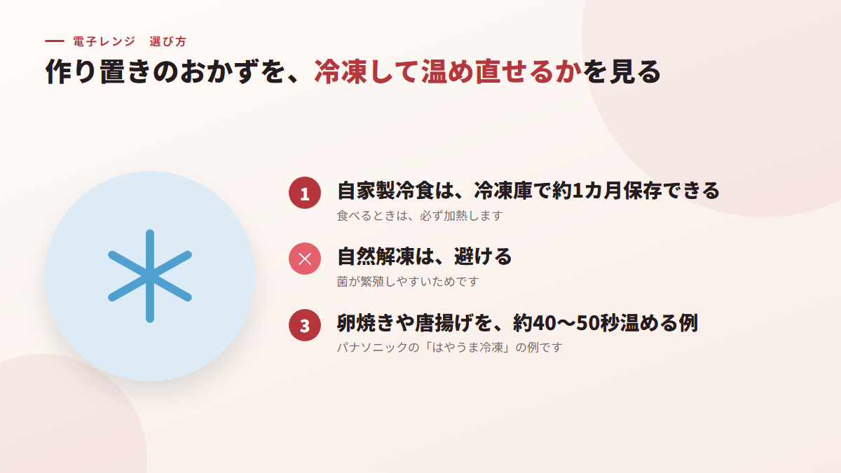 作り置きのおかずを、冷凍して温め直せるかを見る（図）