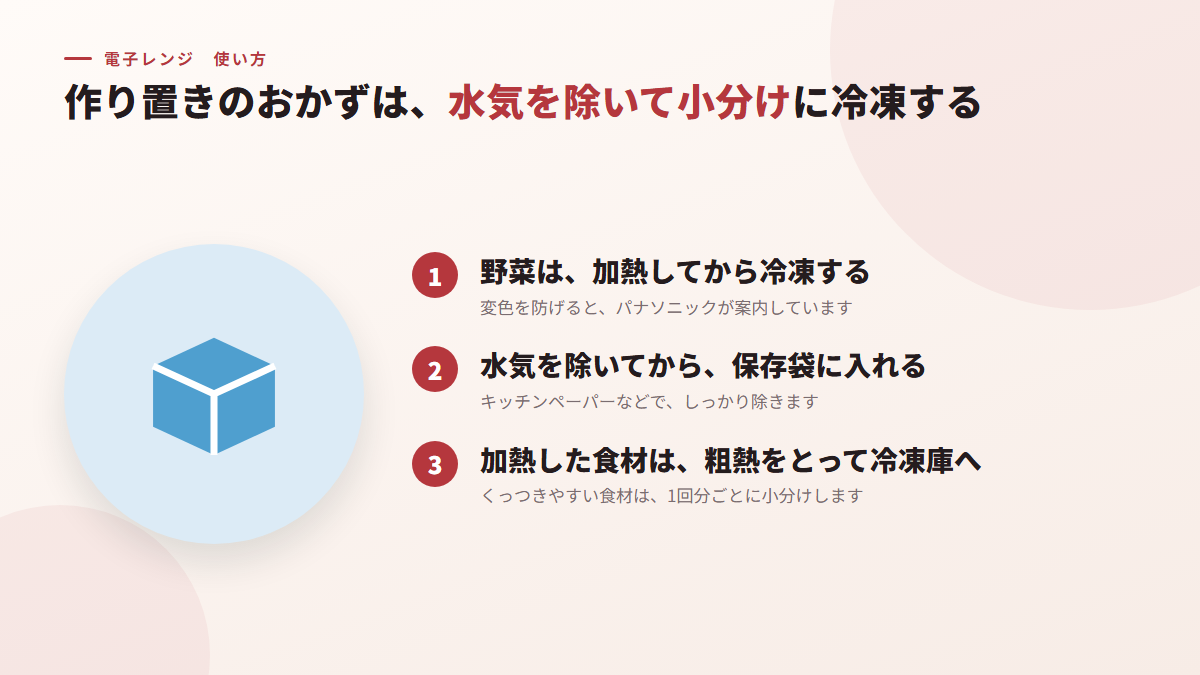 作り置きのおかずは、水気を除いて小分けに冷凍する（図）