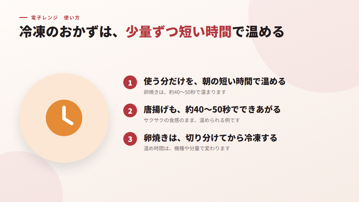 冷凍のおかずは、少量ずつ短い時間で温める（図）