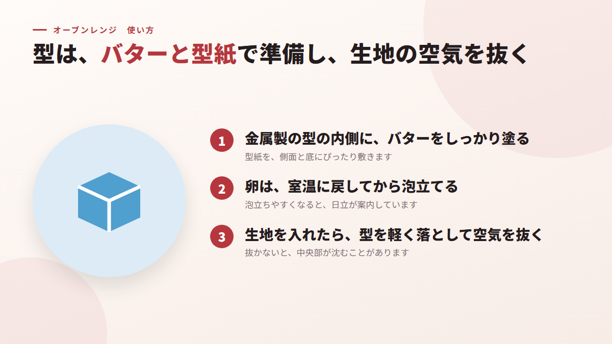 型は、バターと型紙で準備し、生地の空気を抜く(図)
