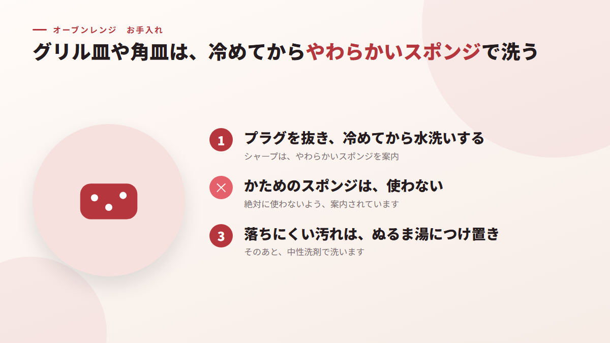 グリル皿や角皿は、冷めてからやわらかいスポンジで洗う（図）
