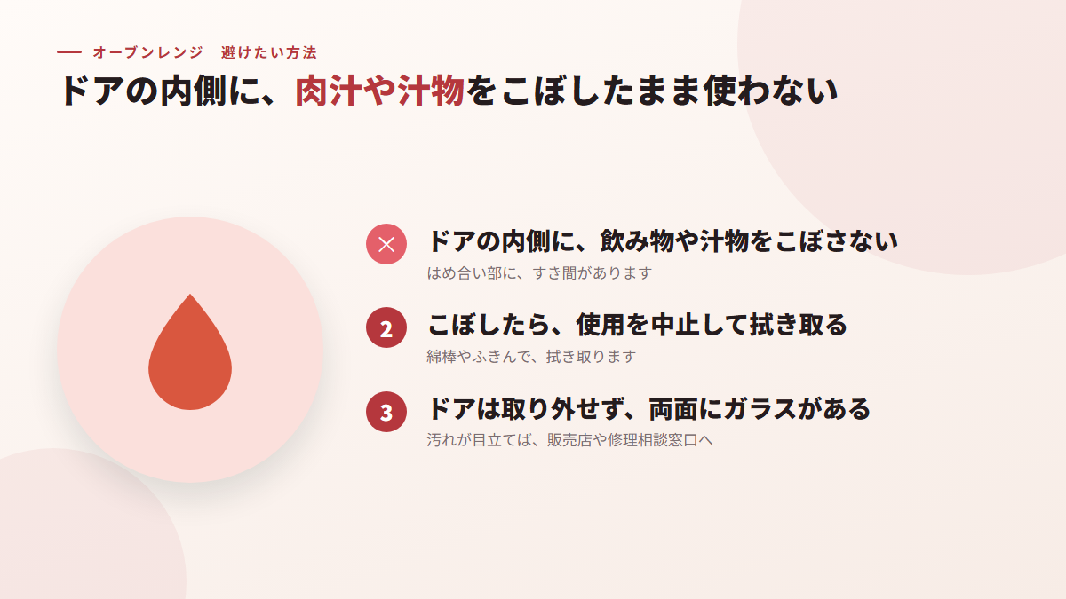 ドアの内側に、肉汁や汁物をこぼしたまま使う（図）