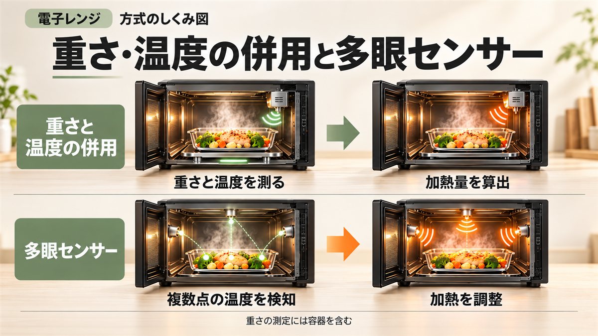 重さと温度を併用する式・多眼センサー式の仕組み図